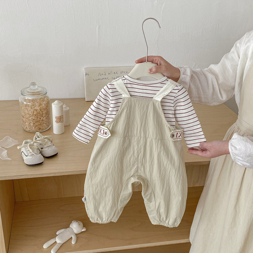 Cute Spring New Infant and Toddler Label Overalls Set, Baby Stylish Stripe Top and Pants Two-Piece Set