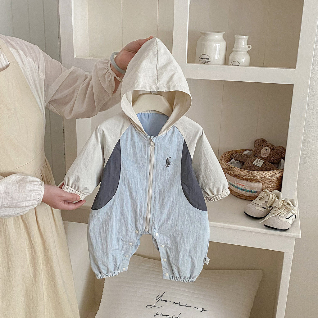 Spring New Baby  Hooded Romper Cute Simple Patchwork Long Baby Jumpsuit