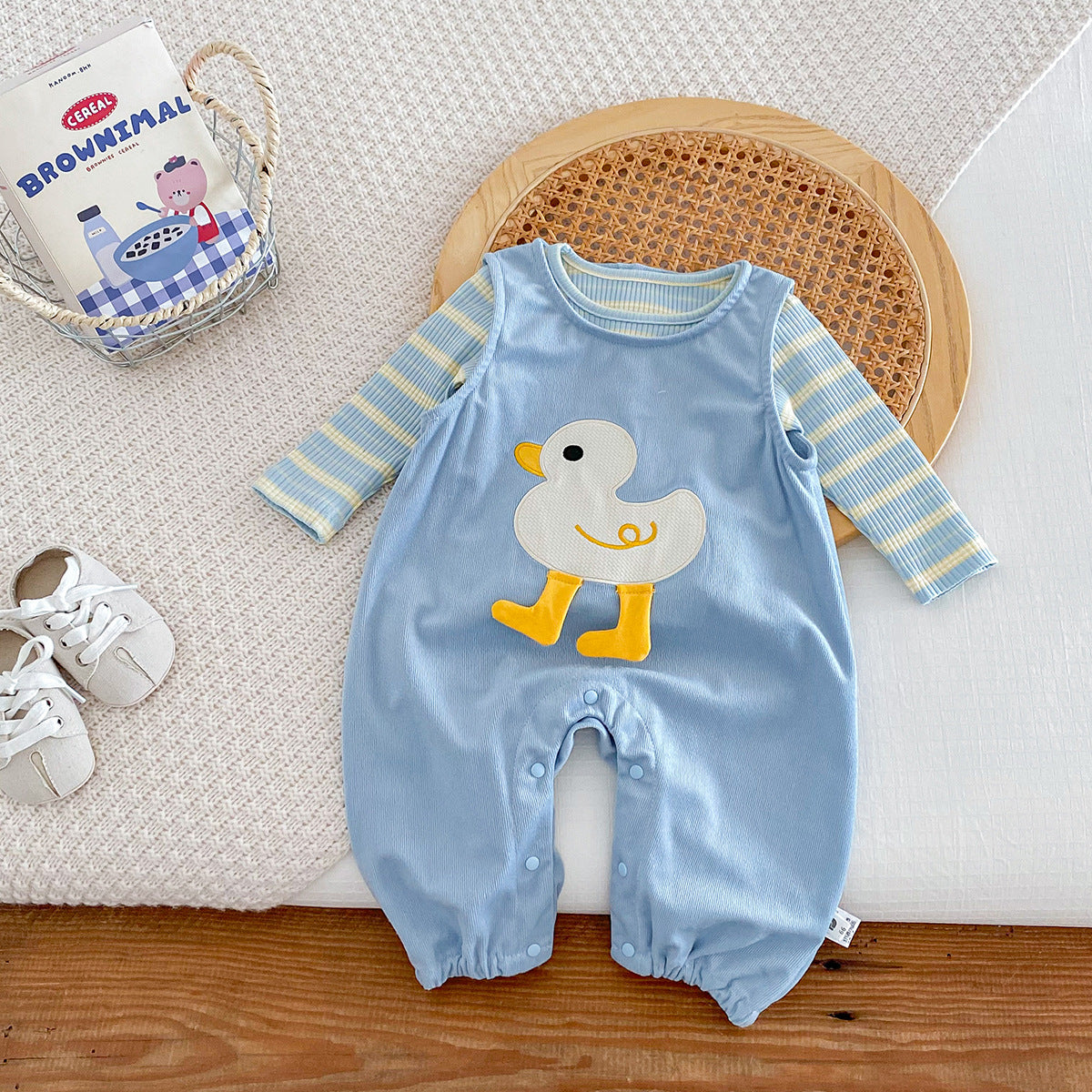 Baby Clothes Autumn Set for Boys and Girls, Cute Striped Bodysuit with Duck Design Overalls Two-Piece Set