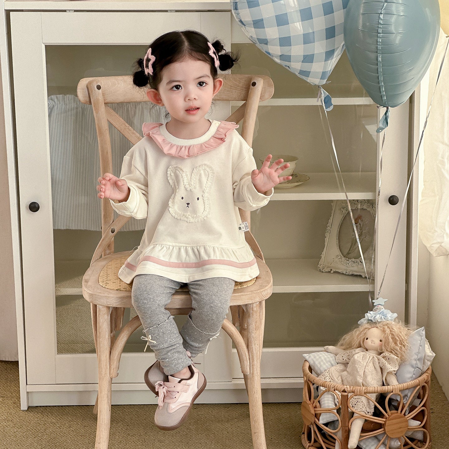 Spring New Baby Rabbit Hoodie Dress Set, Girl Baby Cartoon Top and Leggings Two-Piece Trendy Outfit