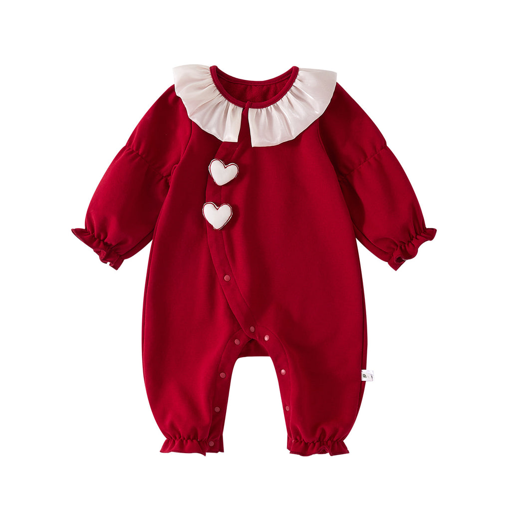 Spring New Baby Girl Love Heart Lace Collar Romper, Stylish Patchwork Onesie for Newborns, Long Sleeve Crawler