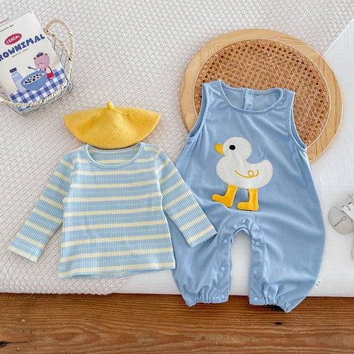 Baby Clothes Autumn Set for Boys and Girls, Cute Striped Bodysuit with Duck Design Overalls Two-Piece Set