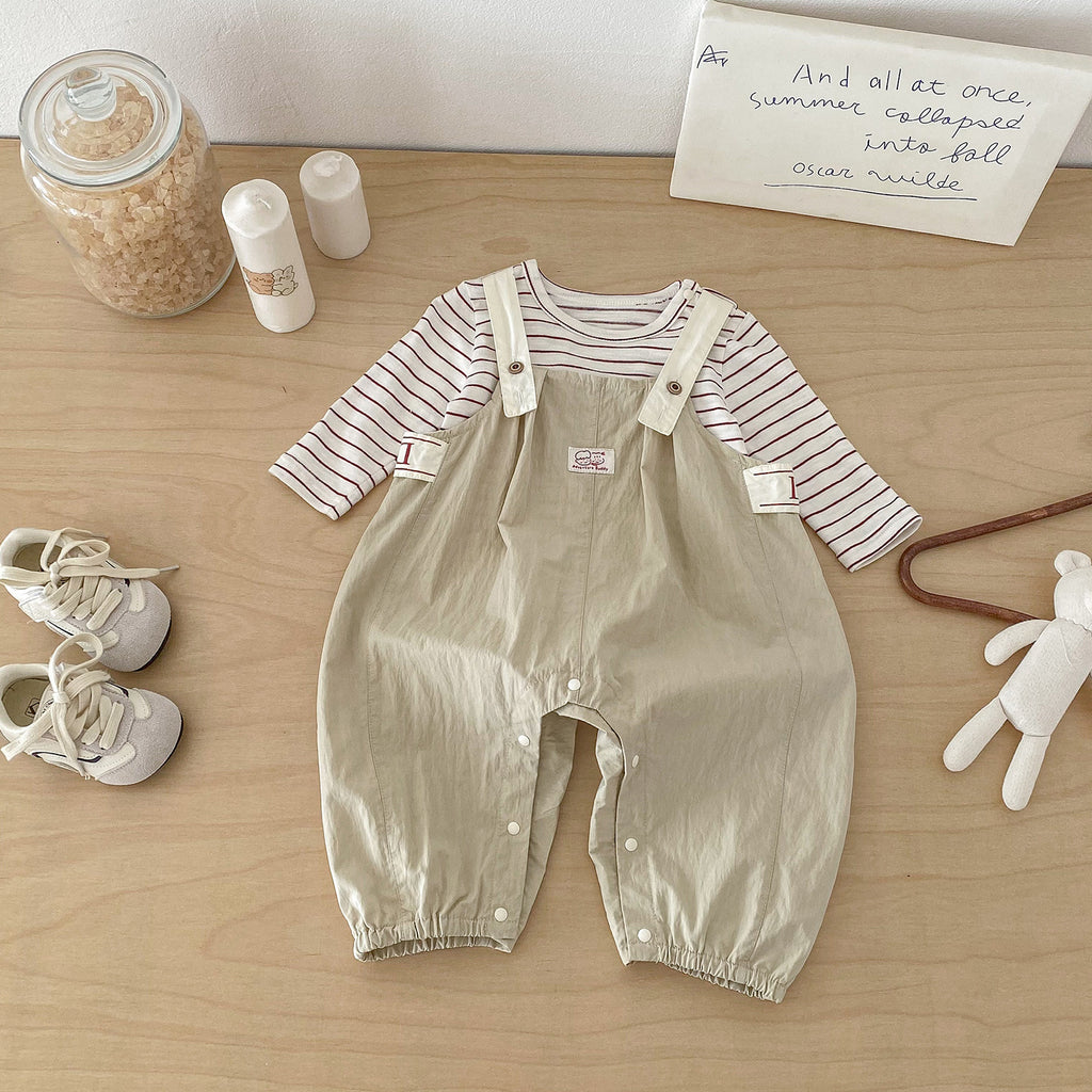 Cute Spring New Infant and Toddler Label Overalls Set, Baby Stylish Stripe Top and Pants Two-Piece Set