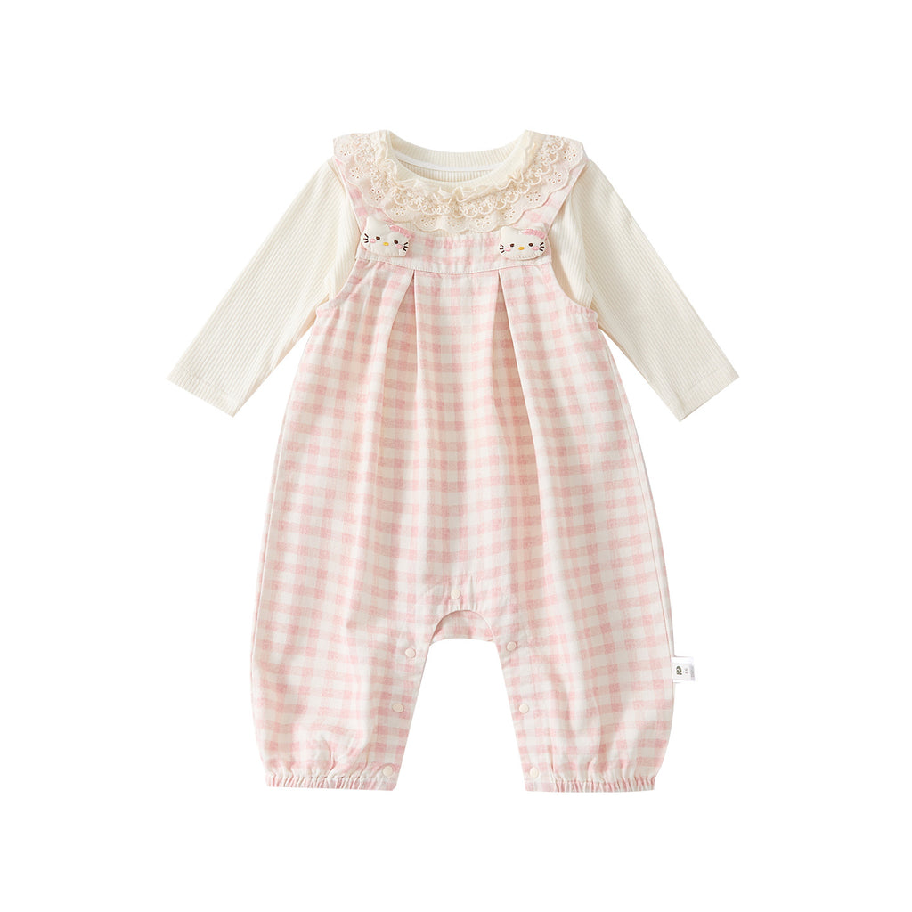 Cute Rabbit Print Checkered Overalls Set for Baby Girls Spring New Arrival Two-Piece Outfit with Bodysuit and Overalls
