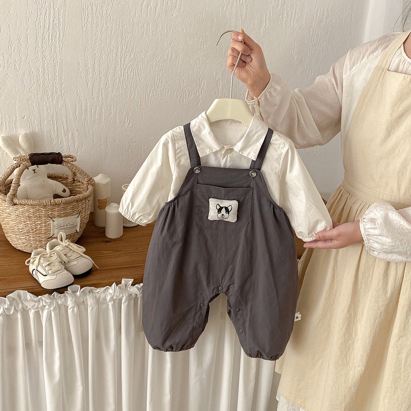 Cute Spring New Baby Boys' Overalls Set with Front Pocket, Cartoon Romper and Shirt Two-Piece Outfit