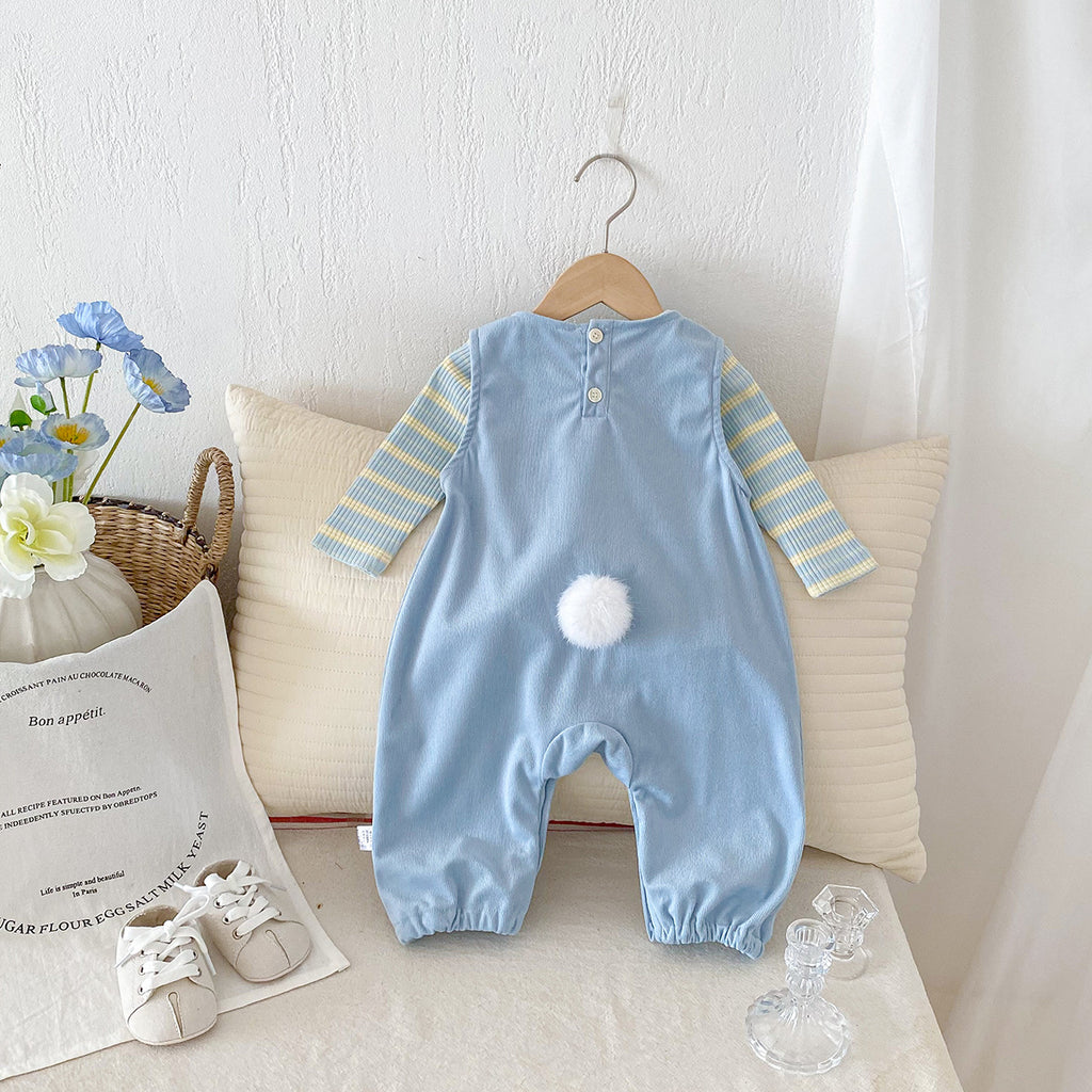Baby Clothes Autumn Set for Boys and Girls, Cute Striped Bodysuit with Duck Design Overalls Two-Piece Set