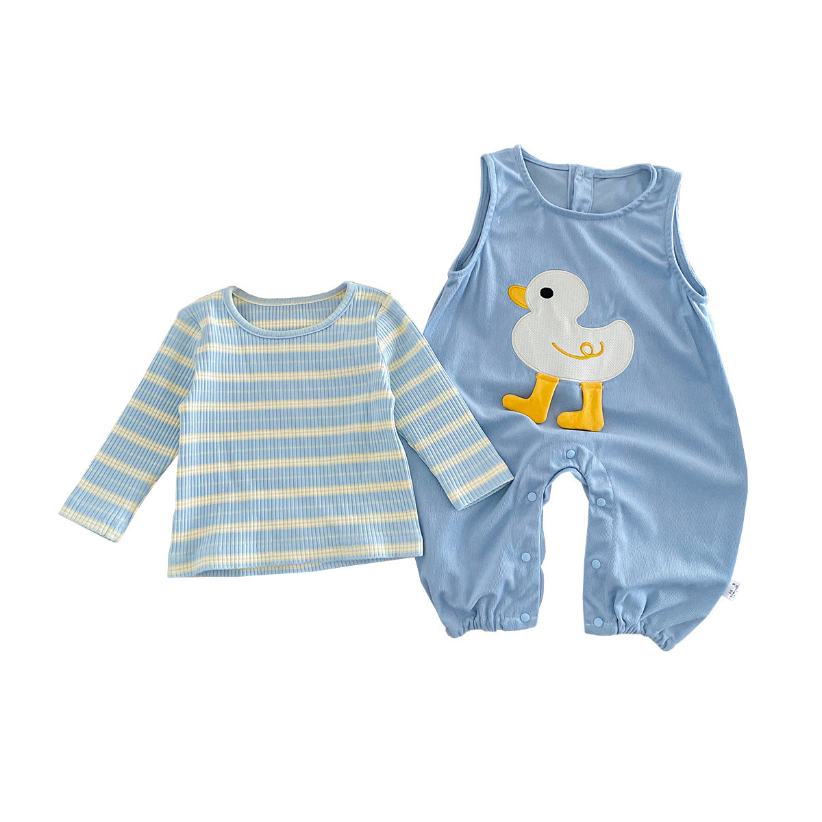 Baby Clothes Autumn Set for Boys and Girls, Cute Striped Bodysuit with Duck Design Overalls Two-Piece Set
