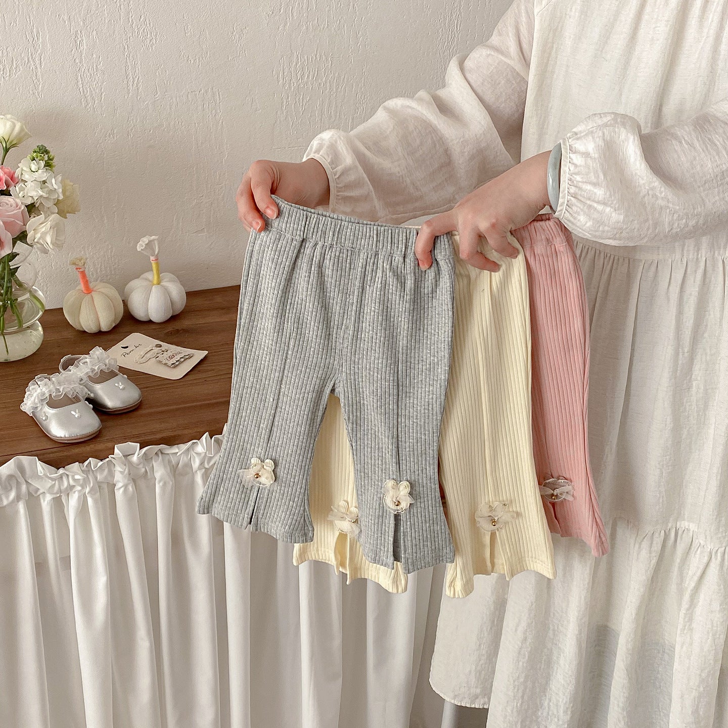 Cute Butterfly Knot Knit Pants for Baby Girls, Spring New Style, Forked Cuff Design, Fashionable and Versatile