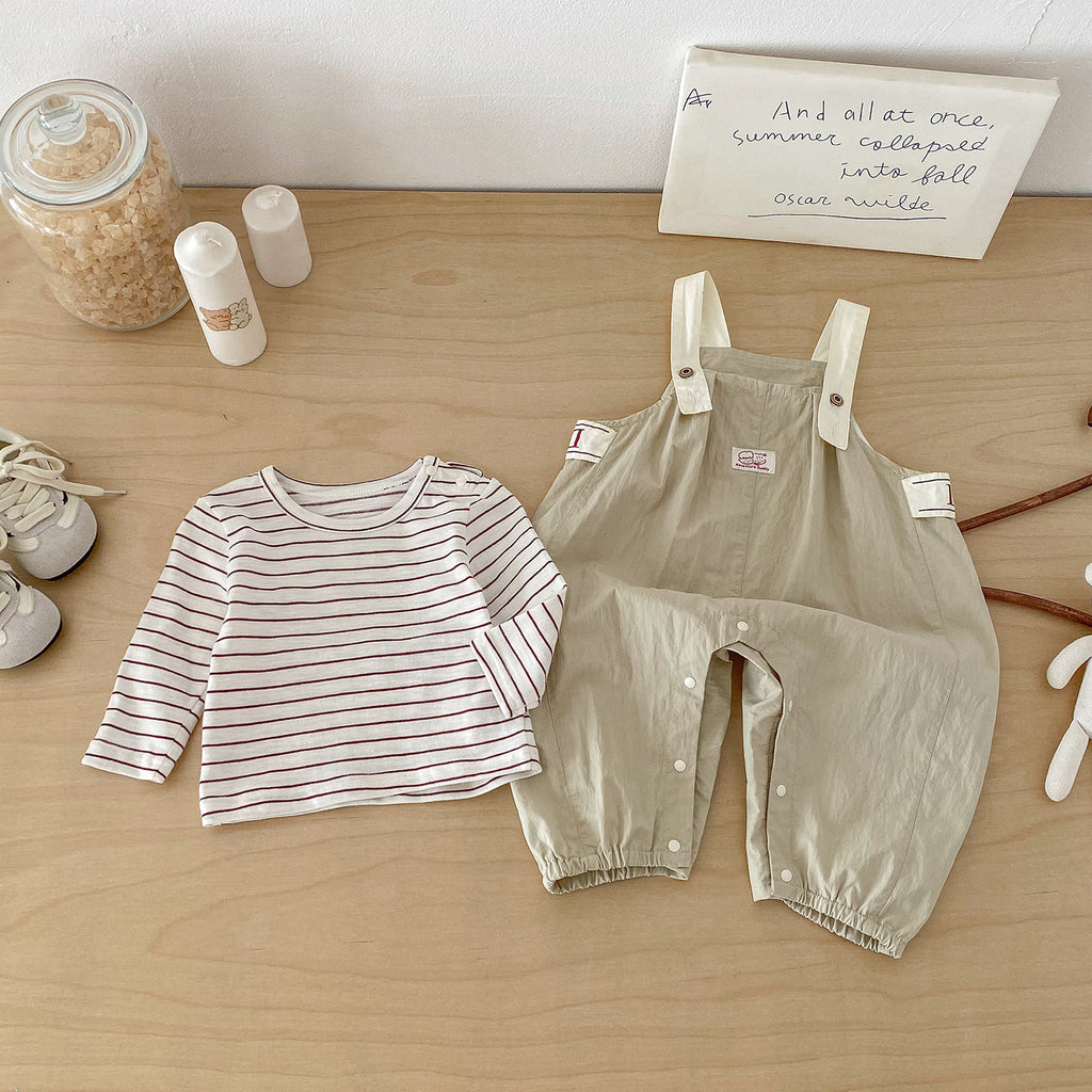 Cute Spring New Infant and Toddler Label Overalls Set, Baby Stylish Stripe Top and Pants Two-Piece Set
