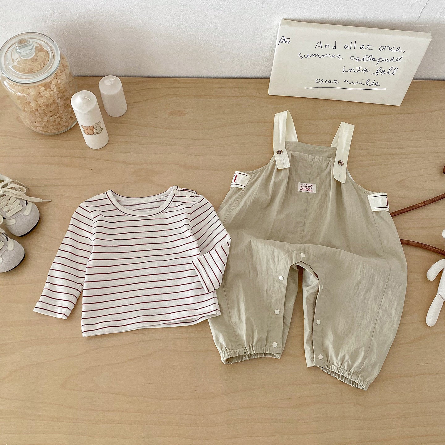 Cute Spring New Infant and Toddler Label Overalls Set, Baby Stylish Stripe Top and Pants Two-Piece Set