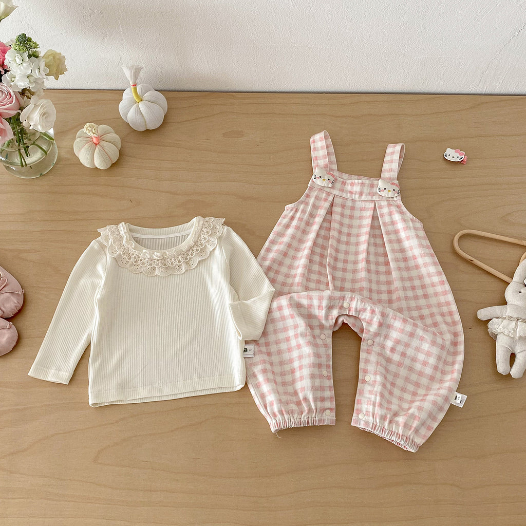 Cute Rabbit Print Checkered Overalls Set for Baby Girls Spring New Arrival Two-Piece Outfit with Bodysuit and Overalls
