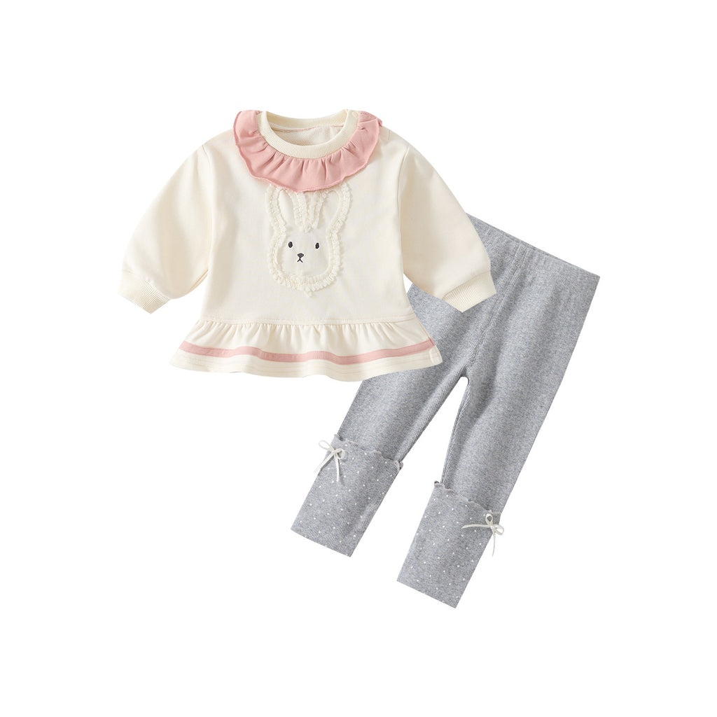 Spring New Baby Rabbit Hoodie Dress Set, Girl Baby Cartoon Top and Leggings Two-Piece Trendy Outfit