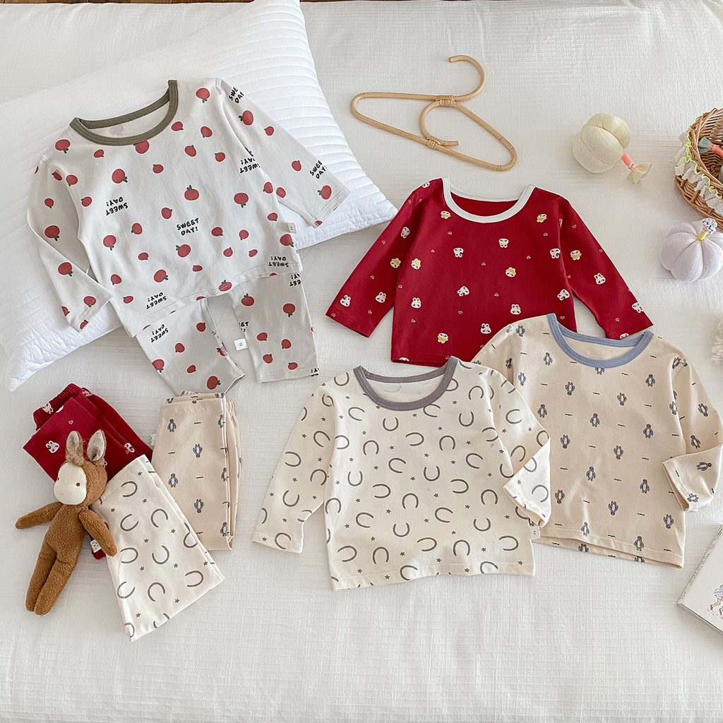 Autumn New Baby Full Print Home Wear Set, Cartoon Top and Long Pants Two-Piece Set Fashion