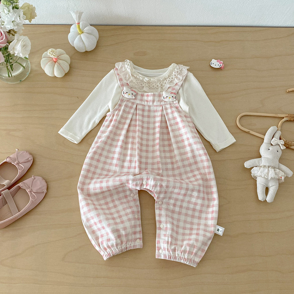 Cute Rabbit Print Checkered Overalls Set for Baby Girls Spring New Arrival Two-Piece Outfit with Bodysuit and Overalls