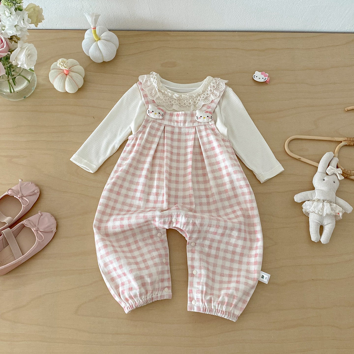 Cute Rabbit Print Checkered Overalls Set for Baby Girls Spring New Arrival Two-Piece Outfit with Bodysuit and Overalls